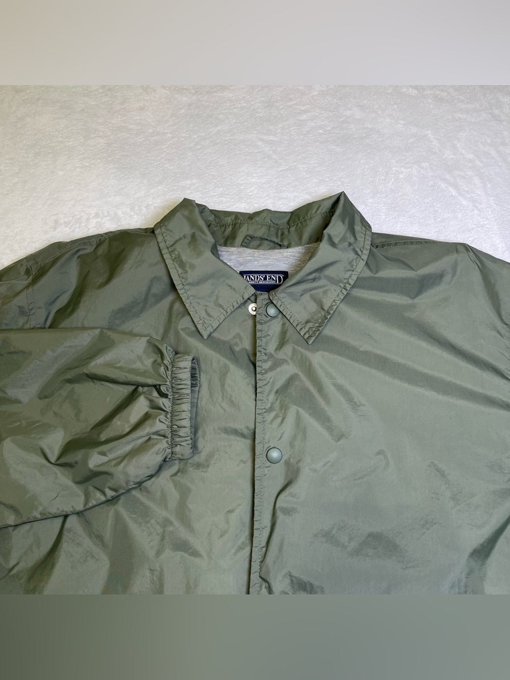 Vintage Lands' End L (42-44) Olive Green Snap Front Jersey Lined Coach Jacket